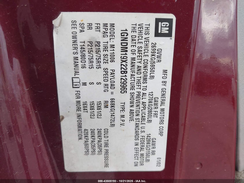 1GNDM19X22B129965 2002 CHEVROLET ASTRO photo no. 9