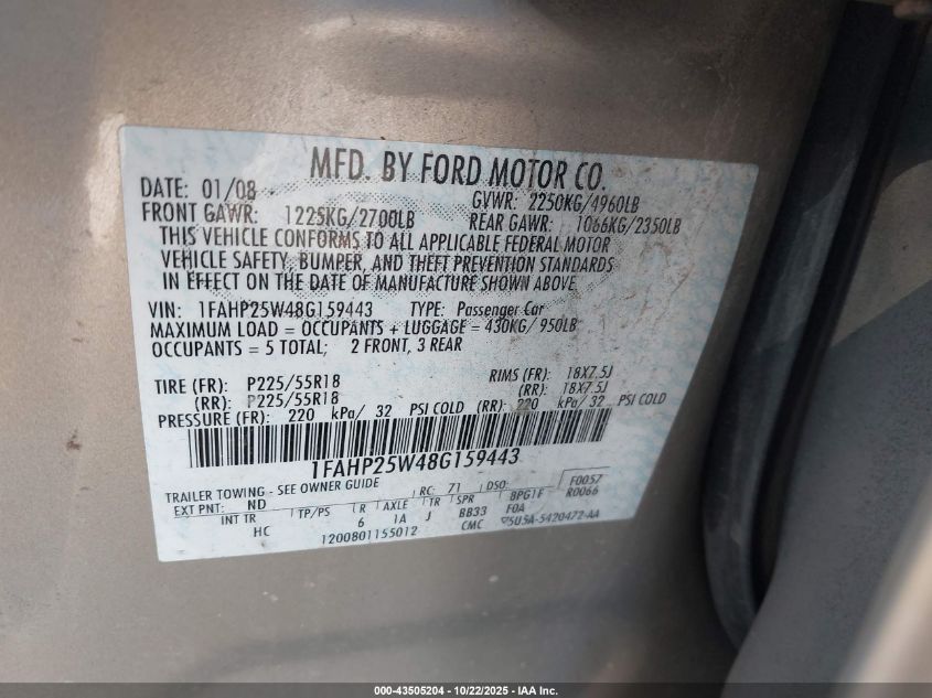 2008 Ford Taurus Limited VIN: 1FAHP25W48G159443 Lot: 43505204