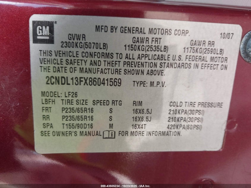 2008 Chevrolet Equinox Ls VIN: 2CNDL13FX86041569 Lot: 43505234