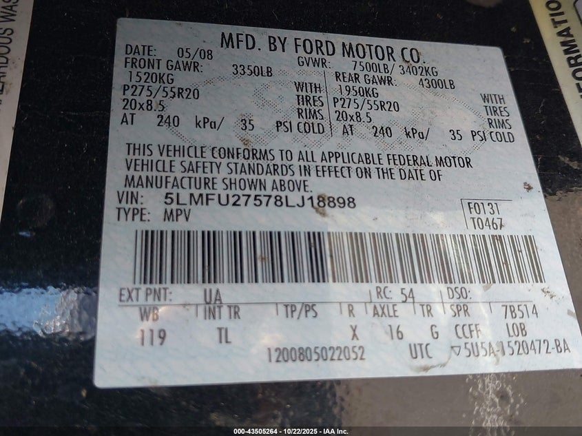 2008 Lincoln Navigator VIN: 5LMFU27578LJ18898 Lot: 43505264