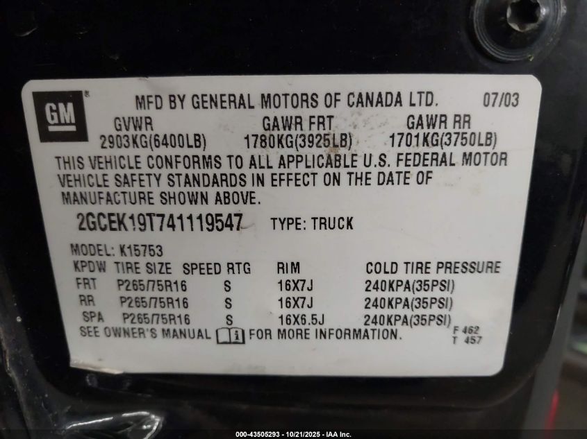 2004 Chevrolet Silverado 1500 Ls VIN: 2GCEK19T741119547 Lot: 43505293