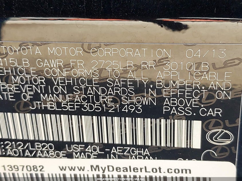 2013 Lexus Ls 460 VIN: JTHBL5EF3D5121493 Lot: 43505302