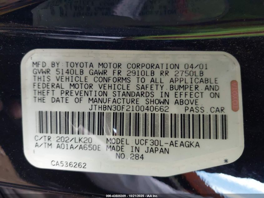 2001 Lexus Ls 430 VIN: JTHBN30F210040662 Lot: 43505309