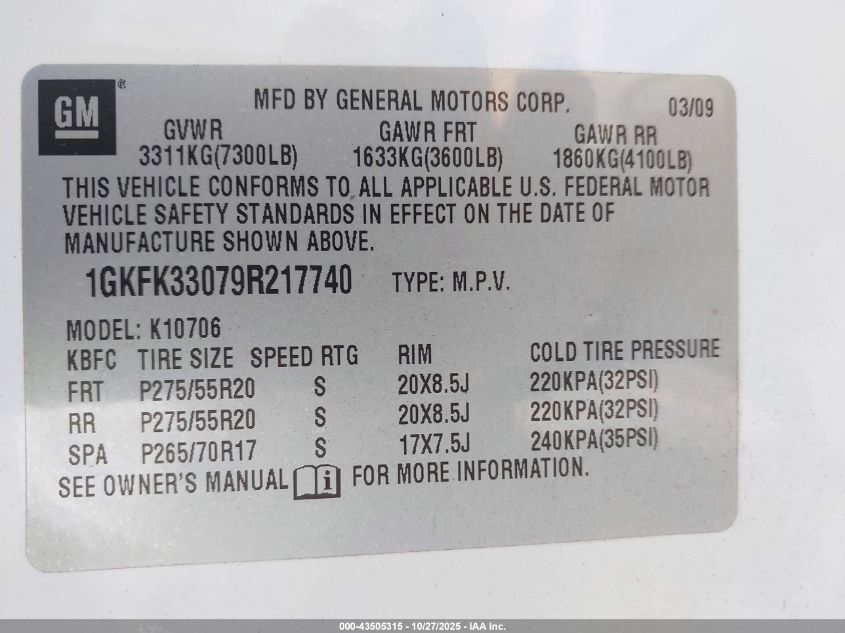 2009 GMC Yukon Slt2 VIN: 1GKFK33079R217740 Lot: 43505315