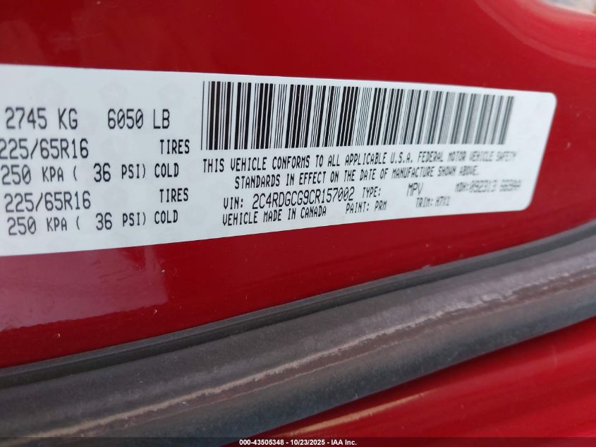 2012 Dodge Grand Caravan Sxt VIN: 2C4RDGCG9CR157002 Lot: 43505348