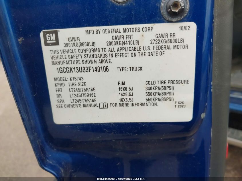 2003 Chevrolet Silverado 1500Hd Lt VIN: 1GCGK13U33F140106 Lot: 43505368