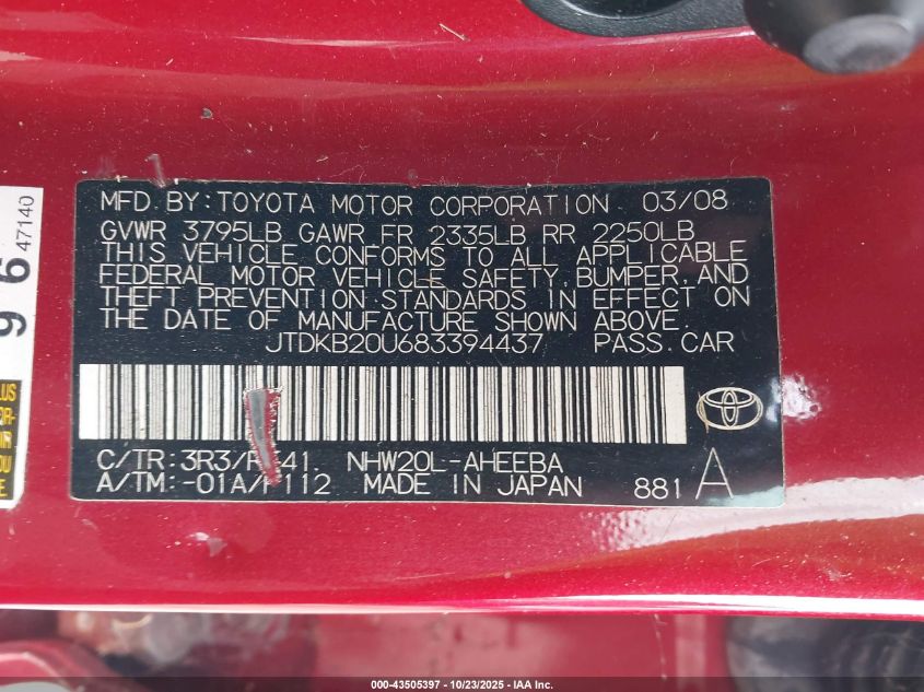 2008 Toyota Prius Touring VIN: JTDKB20U683394437 Lot: 43505397