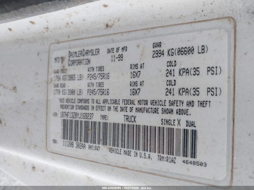 2000 Dodge Ram 1500 St VIN: 1B7HF13Z8YJ169237 Lot: 43505399