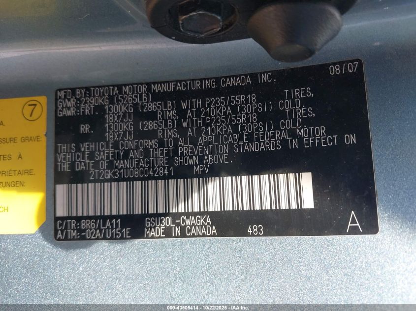 2008 Lexus Rx 350 VIN: 2T2GK31U08C042841 Lot: 43505414