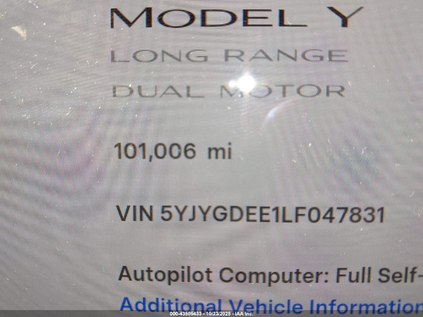 2020 Tesla Model Y Long Range Dual Motor All-Wheel Drive VIN: 5YJYGDEE1LF047831 Lot: 43505433