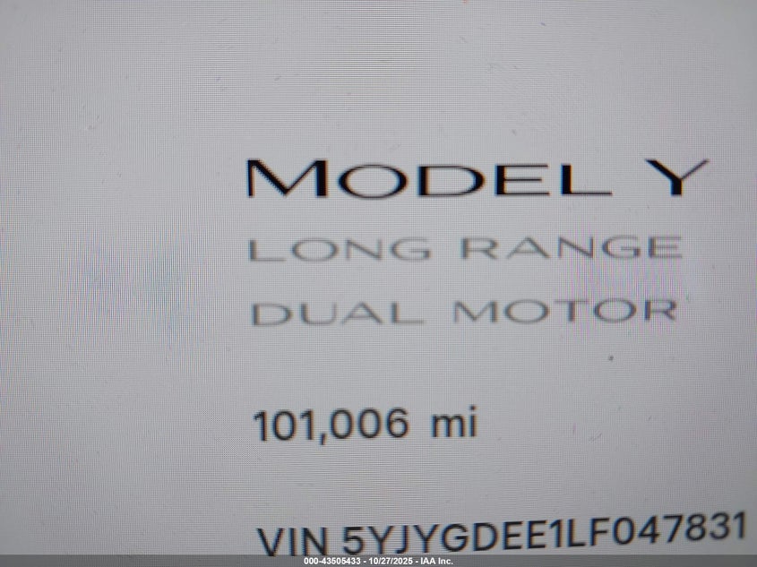 2020 Tesla Model Y Long Range Dual Motor All-Wheel Drive VIN: 5YJYGDEE1LF047831 Lot: 43505433