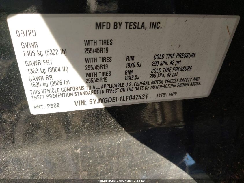 2020 Tesla Model Y Long Range Dual Motor All-Wheel Drive VIN: 5YJYGDEE1LF047831 Lot: 43505433