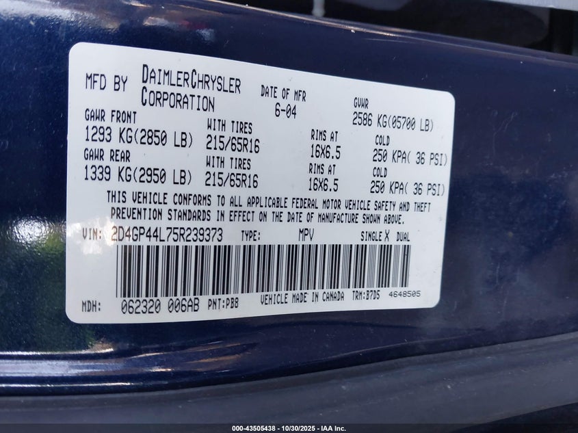 2005 Dodge Grand Caravan Sxt VIN: 2D4GP44L75R239373 Lot: 43505438