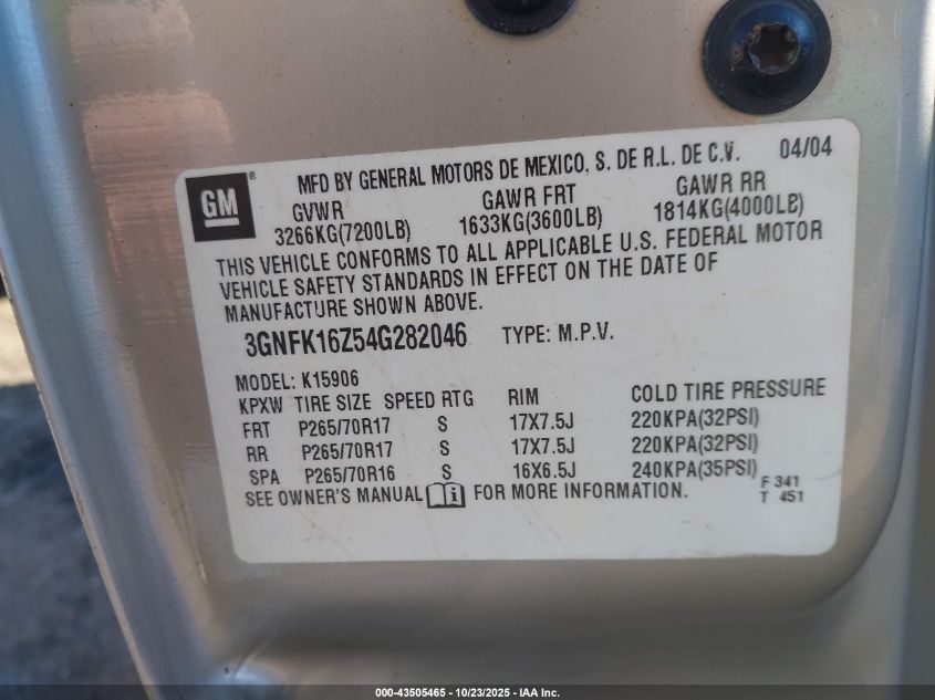 2004 Chevrolet Suburban 1500 Lt VIN: 3GNFK16Z54G282046 Lot: 43505465