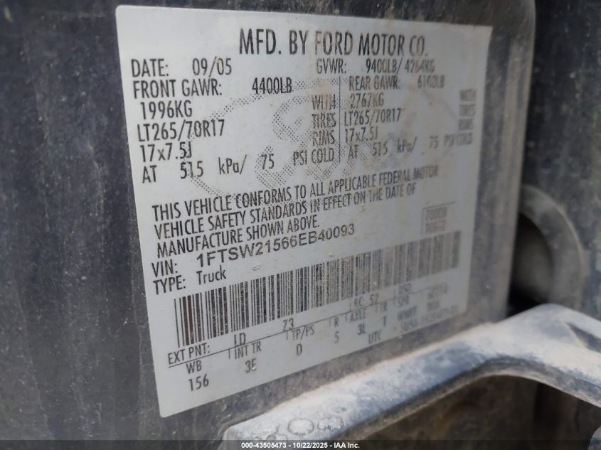 2006 Ford F-250 VIN: 1FTSW21566EB40093 Lot: 43505473