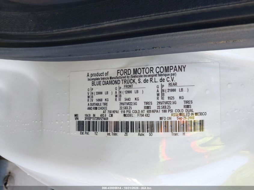 2009 Ford F-750 Xl/Xlt VIN: 3FRXF75T39V125669 Lot: 43505514
