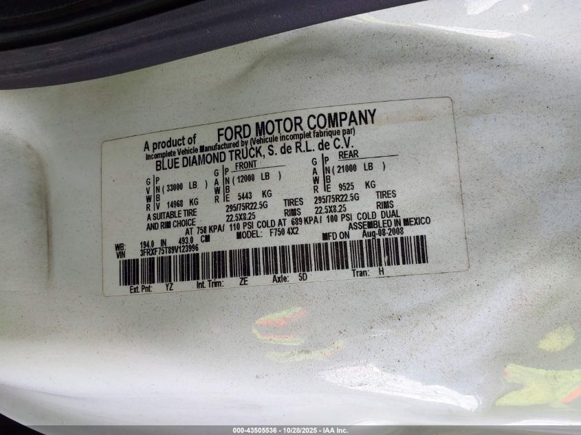2009 Ford F-750 Xl/Xlt VIN: 3FRXF75T89V123996 Lot: 43505536