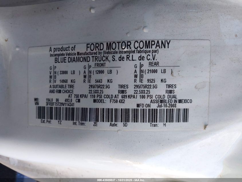 2009 Ford F-750 Xl/Xlt VIN: 3FRXF75T29V114341 Lot: 43505537
