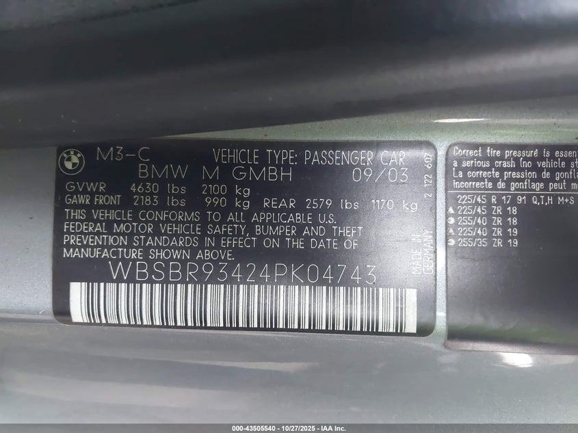 WBSBR93424PK04743 2004 BMW M3 photo no. 9