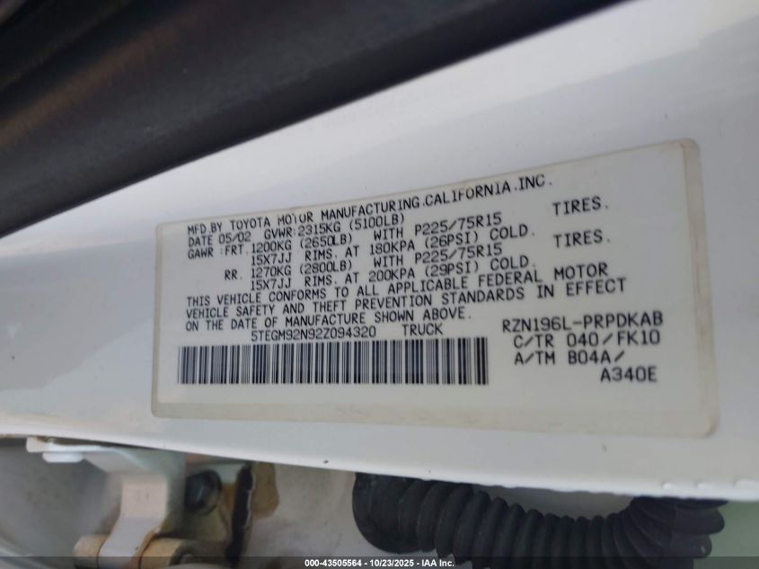 2002 Toyota Tacoma Prerunner VIN: 5TEGM92N92Z094320 Lot: 43505564