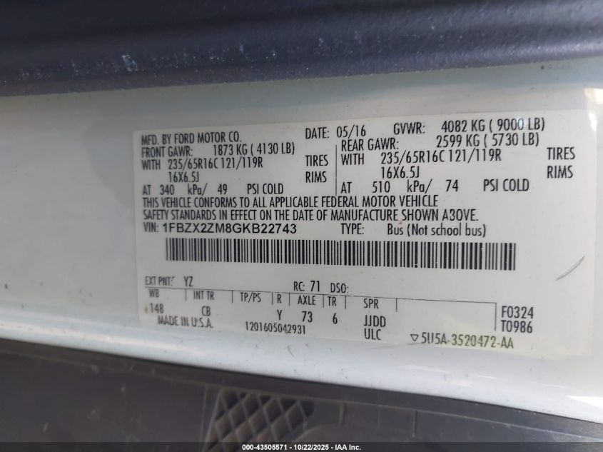 2016 Ford Transit-350 Xlt VIN: 1FBZX2ZM8GKB22743 Lot: 43505571