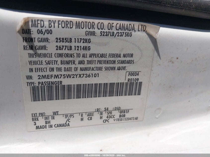 2MEFM75W2YX736101 2000 MERCURY GRAND MARQUIS photo no. 9