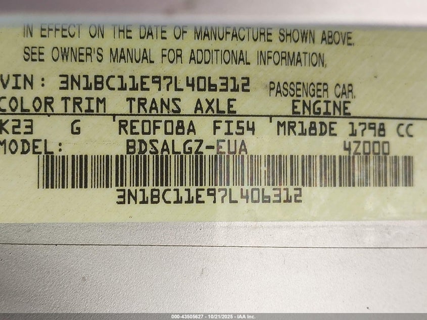 2007 Nissan Versa 1.8Sl VIN: 3N1BC11E97L406312 Lot: 43505627