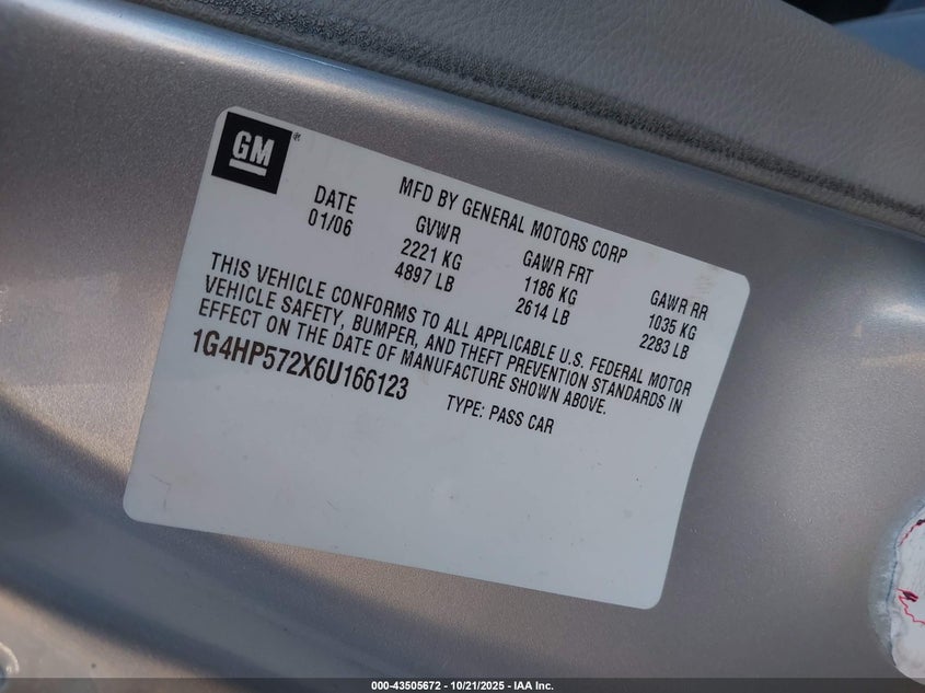 2006 Buick Lucerne Cx VIN: 1G4HP572X6U166123 Lot: 43505672