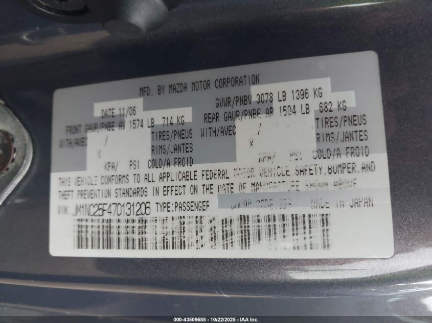 2007 Mazda Mx-5 Touring VIN: JM1NC25F470131206 Lot: 43505688