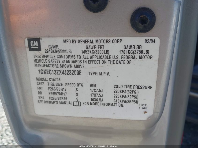 2004 GMC Yukon Slt VIN: 1GKEC13ZX4J232008 Lot: 43505721