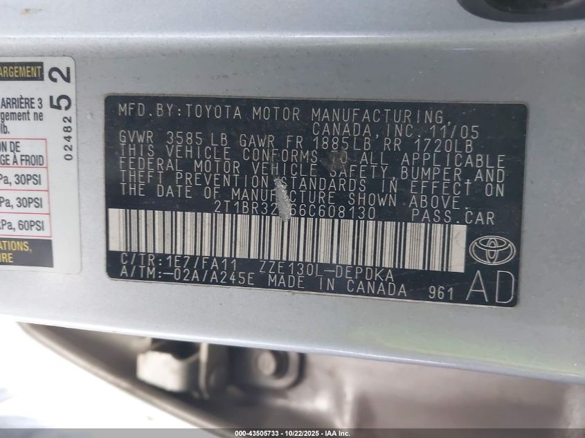 2006 Toyota Corolla Ce VIN: 2T1BR32E66C608130 Lot: 43505733