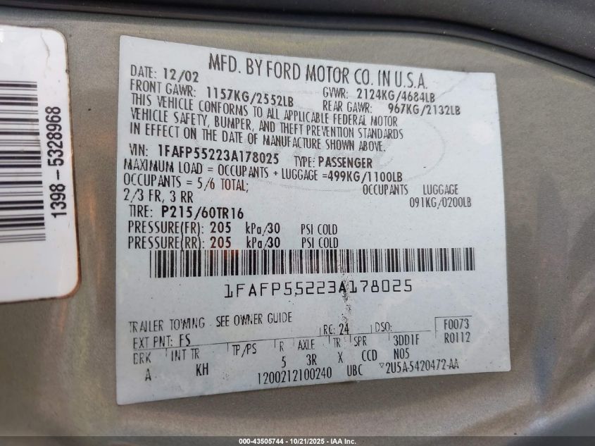 2003 Ford Taurus Ses VIN: 1FAFP55223A178025 Lot: 43505744