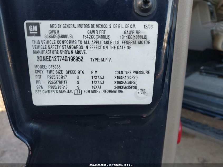 2004 Chevrolet Avalanche 1500 VIN: 3GNEC12T74G198952 Lot: 43505752