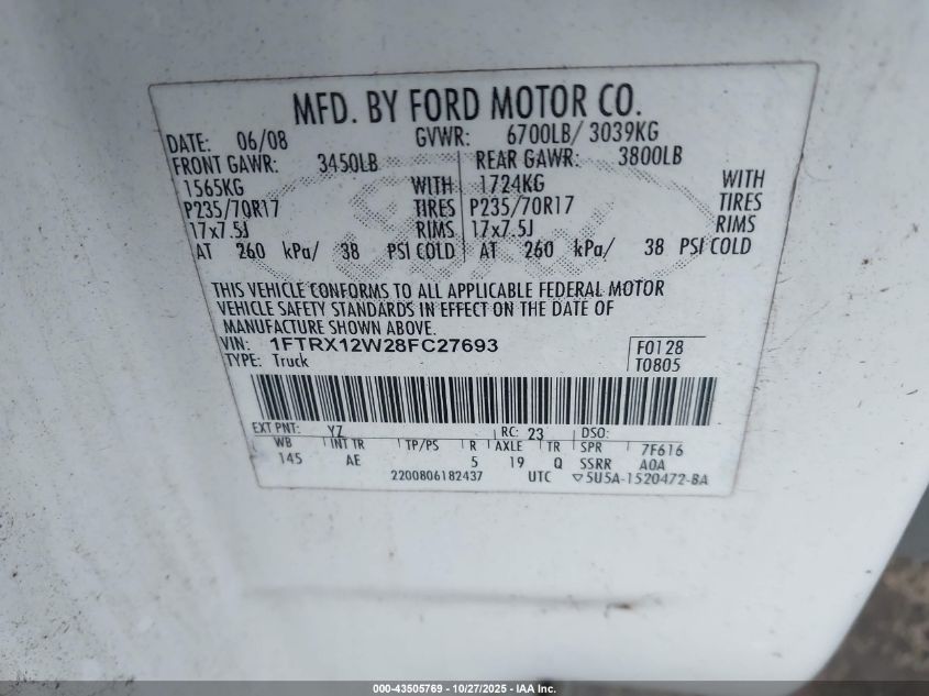 2008 Ford F-150 Fx2/Stx/Xl/Xlt VIN: 1FTRX12W28FC27693 Lot: 43505769