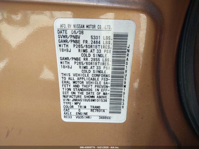 2009 Infiniti Fx35 VIN: JNRAS18U59M101536 Lot: 43505779