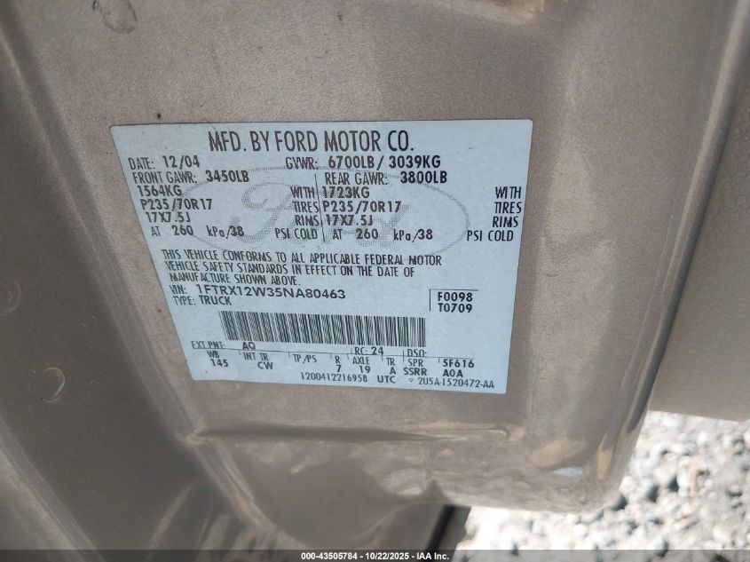 2005 Ford F-150 Stx/Xl/Xlt VIN: 1FTRX12W35NA80463 Lot: 43505784