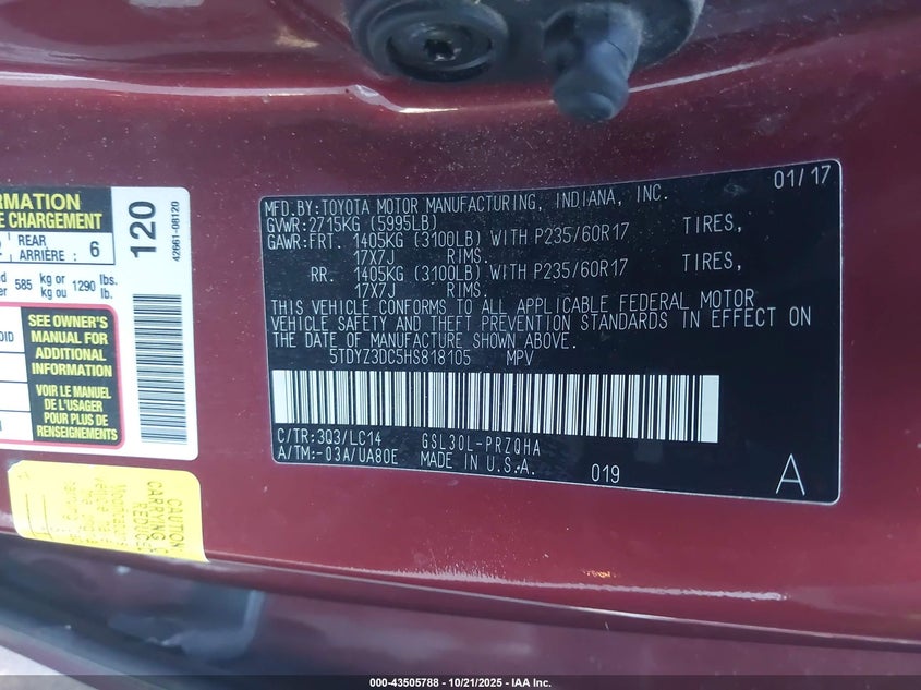 2017 TOYOTA SIENNA XLE 8 PASSENGER 5TDYZ3DC5HS818105