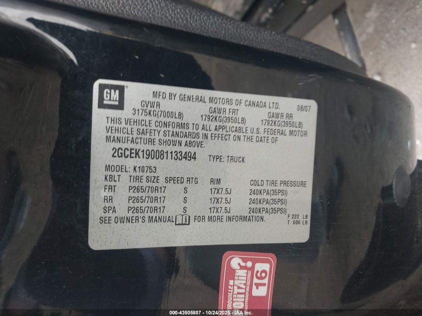 2008 Chevrolet Silverado 1500 Lt1 VIN: 2GCEK190081133494 Lot: 43505807