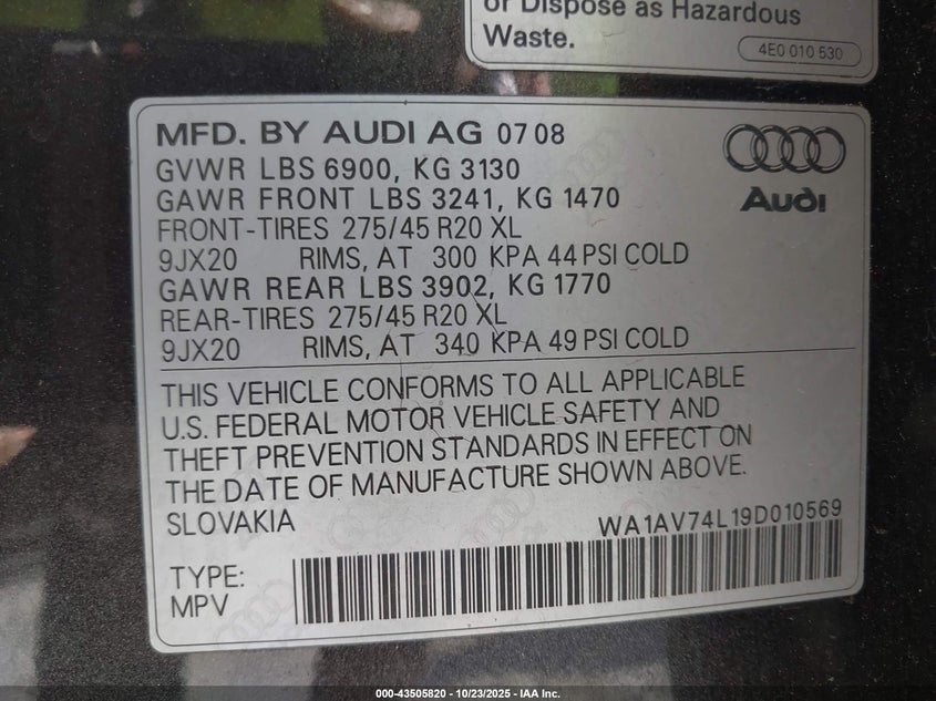 2009 Audi Q7 4.2 Prestige VIN: WA1AV74L19D010569 Lot: 43505820