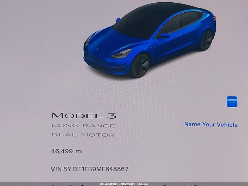 2021 Tesla Model 3 Long Range Dual Motor All-Wheel Drive VIN: 5YJ3E1EB9MF848867 Lot: 43505825