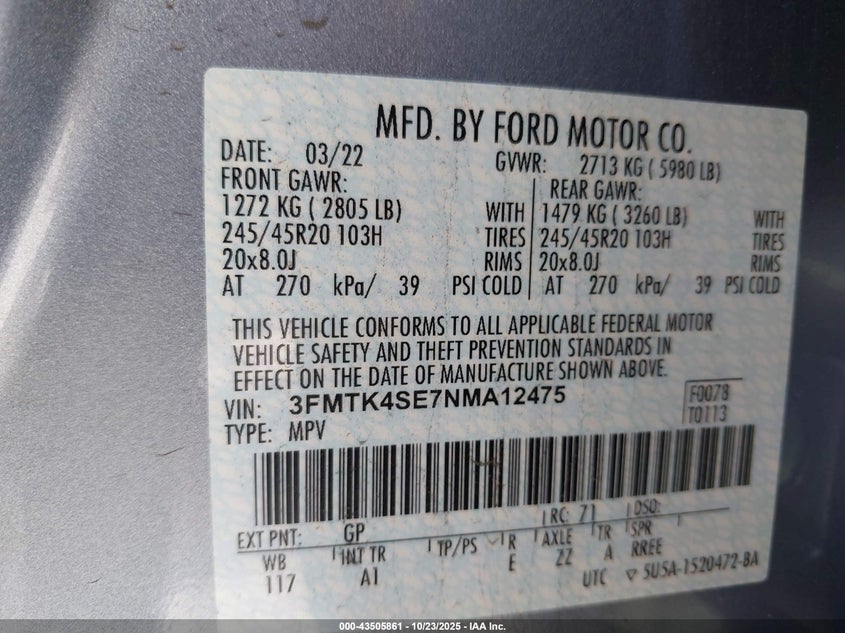 2022 Ford Mustang Mach-E Gt VIN: 3FMTK4SE7NMA12475 Lot: 43505861
