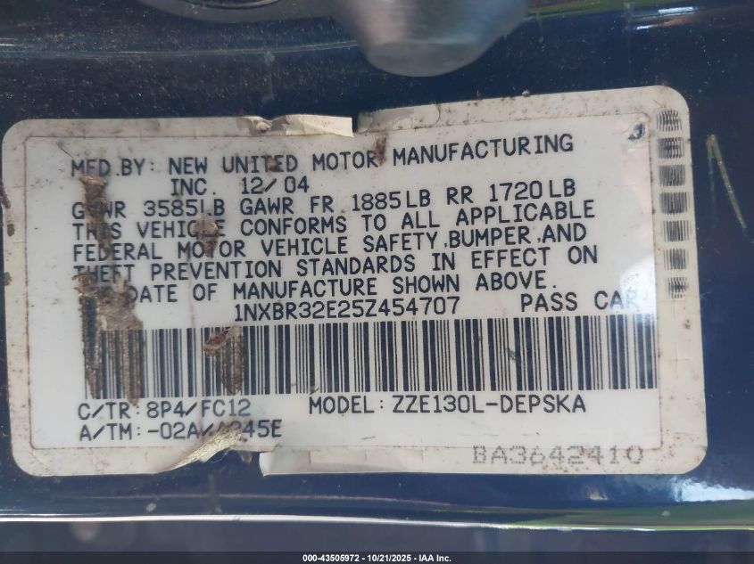 2005 Toyota Corolla S VIN: 1NXBR32E25Z454707 Lot: 43505972