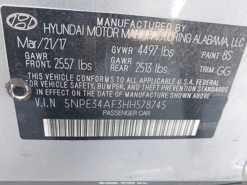 2017 HYUNDAI SONATA SPORT 5NPE34AF3HH578745