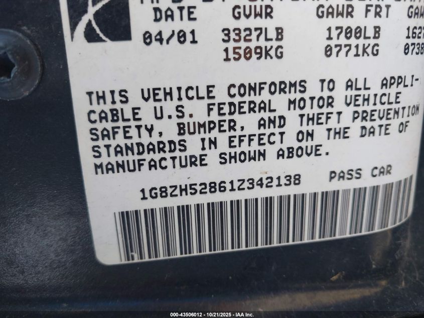 2001 Saturn Sl1 VIN: 1G8ZH52861Z342138 Lot: 43506012