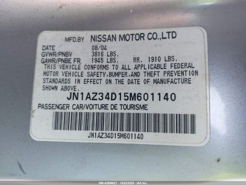 2005 Nissan 350Z Enthusiast VIN: JN1AZ34D15M601140 Lot: 43506027