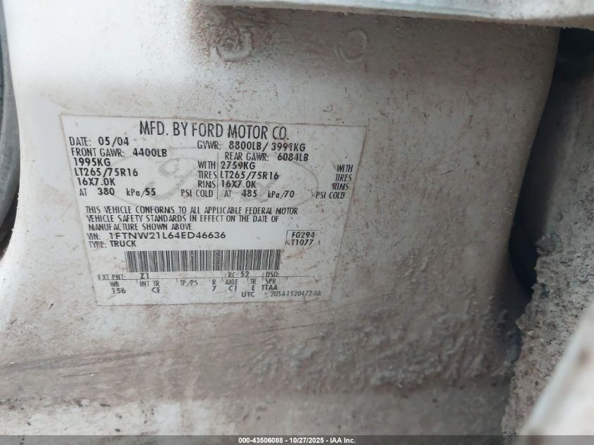 2004 Ford F-250 Lariat/Xl/Xlt VIN: 1FTNW21L64ED46636 Lot: 43506088