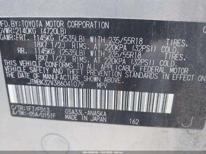 2008 Toyota Rav4 Sport V6 VIN: JTMBK32V386041079 Lot: 43506105