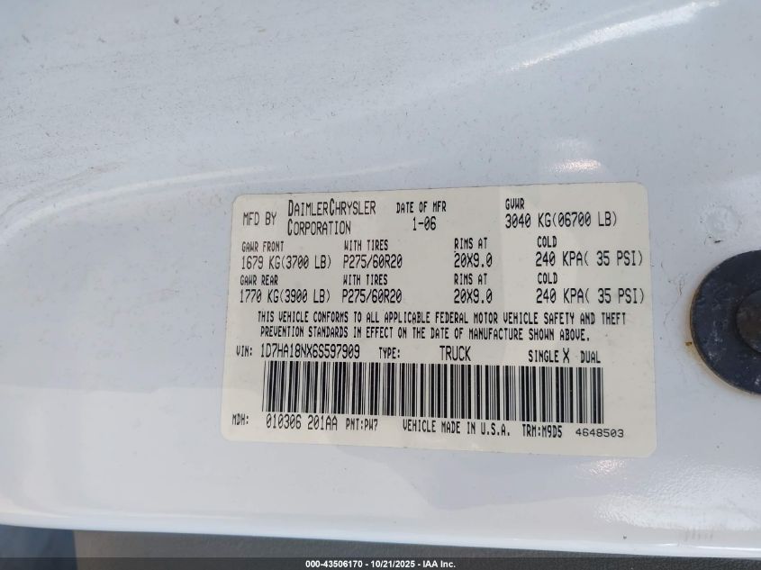 2006 Dodge Ram 1500 Slt VIN: 1D7HA18NX6S597909 Lot: 43506170