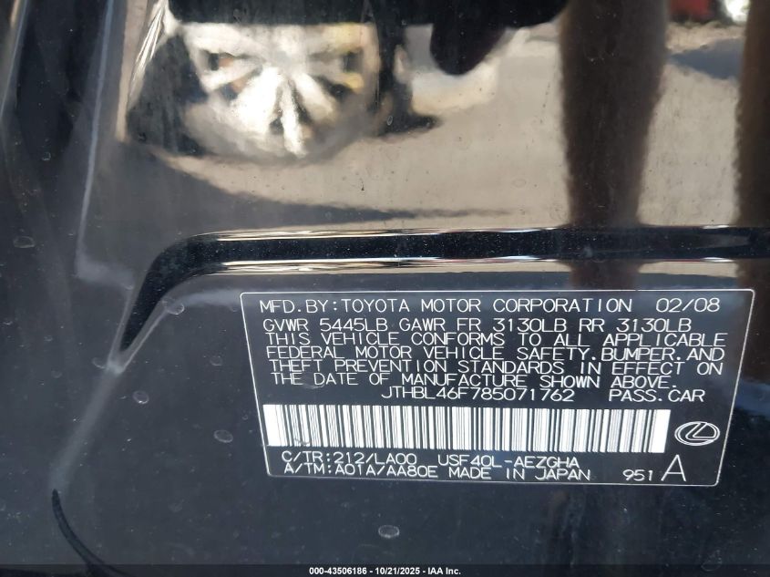 2008 Lexus Ls 460 VIN: JTHBL46F785071762 Lot: 43506186