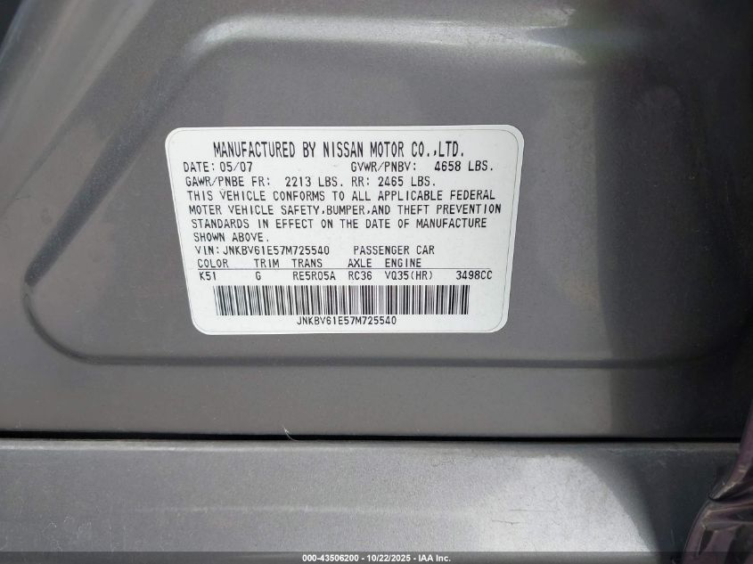 2007 Infiniti G35 Journey VIN: JNKBV61E57M725540 Lot: 43506200